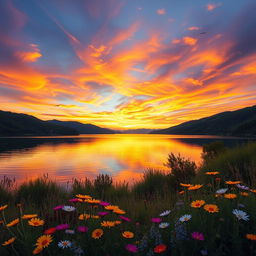 A serene landscape featuring a vibrant sunset over a calm lake, surrounded by lush green hills and silhouettes of trees