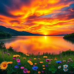 A serene landscape featuring a vibrant sunset over a calm lake, surrounded by lush green hills and silhouettes of trees