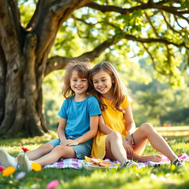 Two childhood best friends sitting together in a sunlit park, sharing secrets and laughter under a big, leafy tree