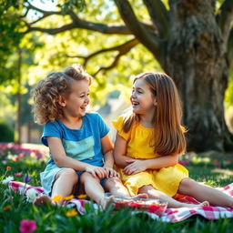 Two childhood best friends sitting together in a sunlit park, sharing secrets and laughter under a big, leafy tree