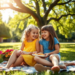 Two childhood best friends sitting together in a sunlit park, sharing secrets and laughter under a big, leafy tree