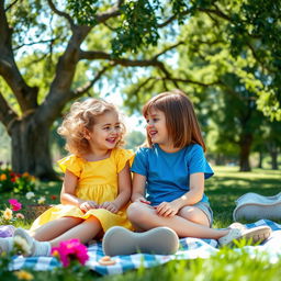 Two childhood best friends sitting together in a sunlit park, sharing secrets and laughter under a big, leafy tree