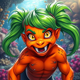 A vibrant sea creature with an orange skin tone and bright yellow eyes
