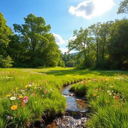 A serene landscape depicting a lush, green clearing surrounded by towering trees and vibrant wildflowers in full bloom