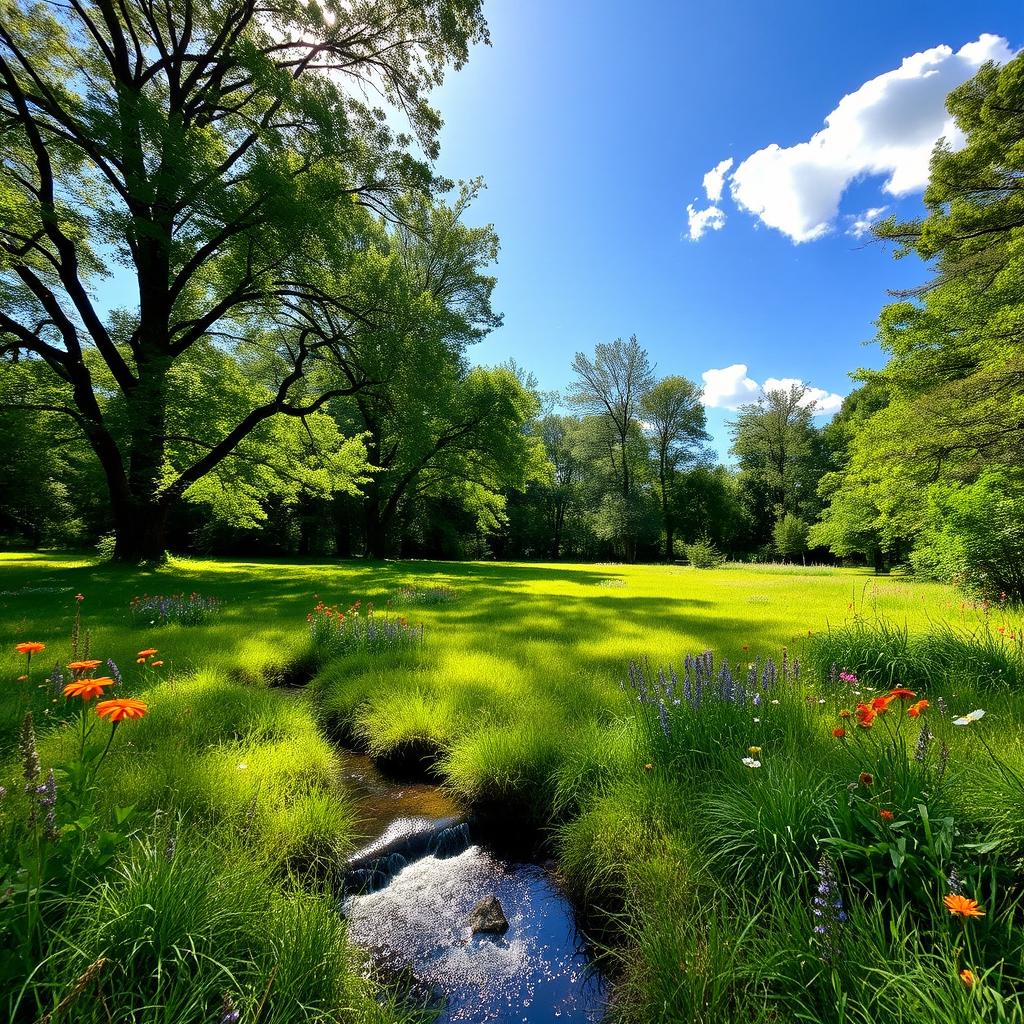 A serene landscape depicting a lush, green clearing surrounded by towering trees and vibrant wildflowers in full bloom