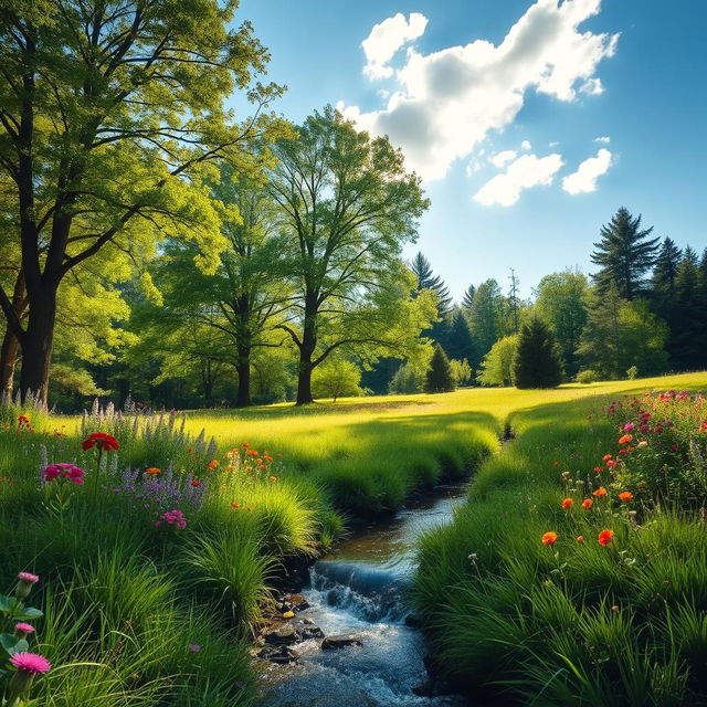 A serene landscape depicting a lush, green clearing surrounded by towering trees and vibrant wildflowers in full bloom