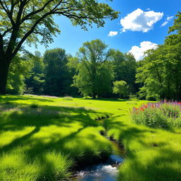 A serene landscape depicting a lush, green clearing surrounded by towering trees and vibrant wildflowers in full bloom