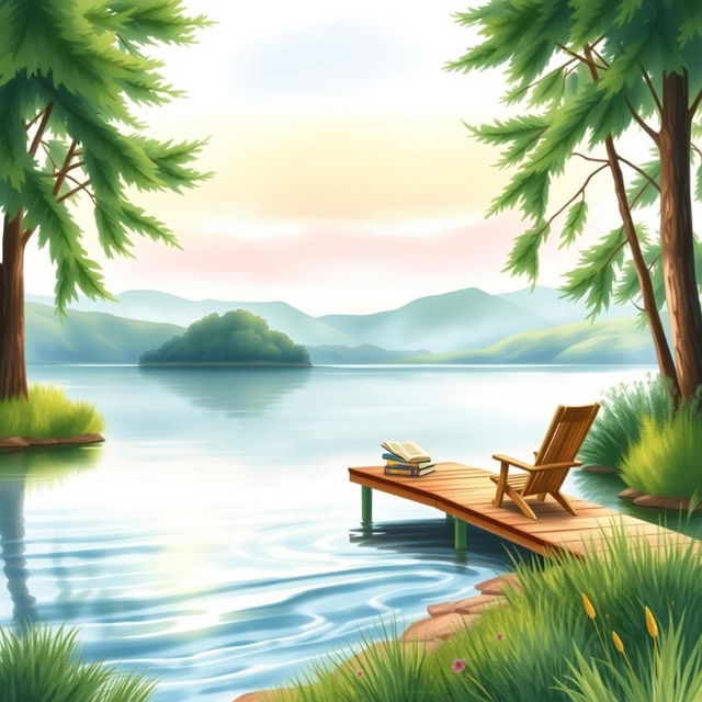A beautiful watercolor painting of a serene lakeside scene for a book cover