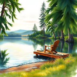 A beautiful watercolor painting of a serene lakeside scene for a book cover
