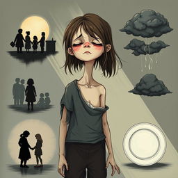 An illustration featuring a thin, sad girl at the center, visually embodying a sense of loneliness and despair