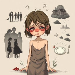 An illustration featuring a thin, sad girl at the center, visually embodying a sense of loneliness and despair