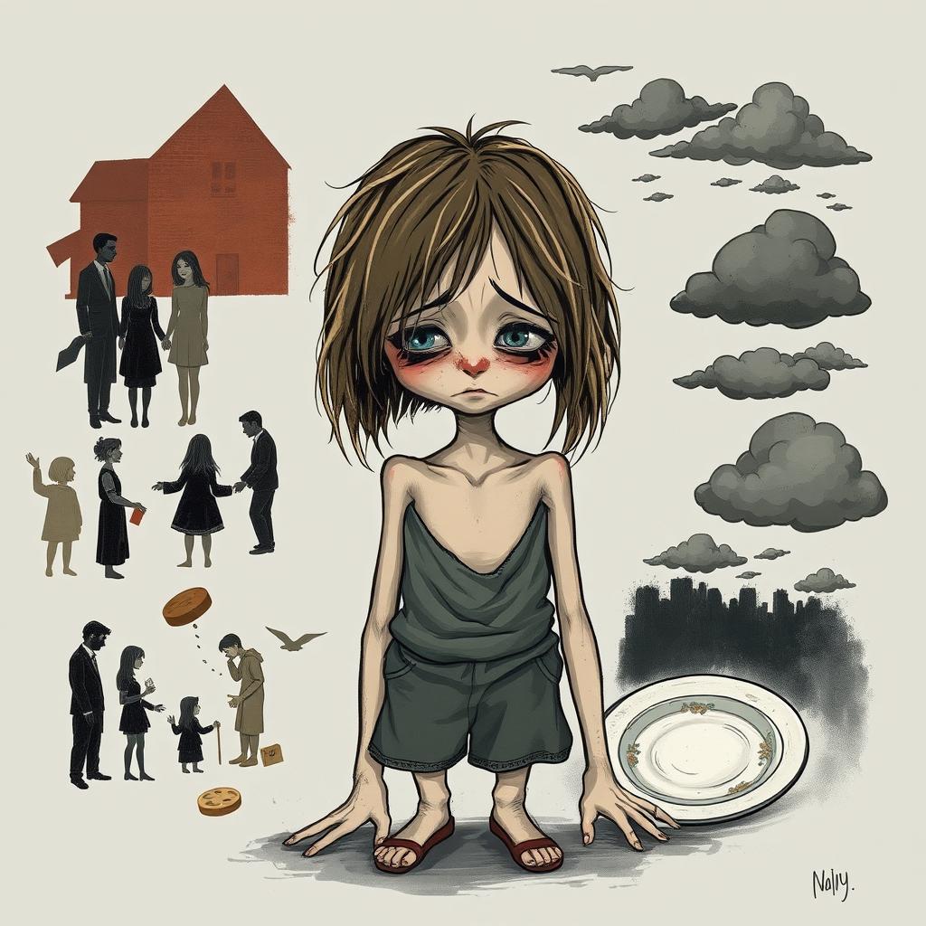An illustration featuring a thin, sad girl at the center, visually embodying a sense of loneliness and despair