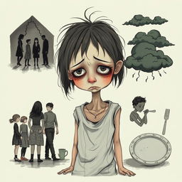 An illustration featuring a thin, sad girl at the center, visually embodying a sense of loneliness and despair