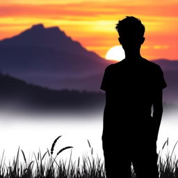 A horizontal silhouette of a person standing in a serene landscape, with a detailed shadow cast by the figure