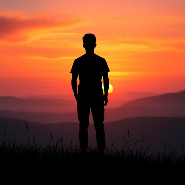 A horizontal silhouette of a person standing in a serene landscape, with a detailed shadow cast by the figure