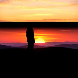 A horizontal silhouette of a person standing in a serene landscape, with a detailed shadow cast by the figure