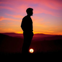 A horizontal silhouette of a person standing in a serene landscape, with a detailed shadow cast by the figure