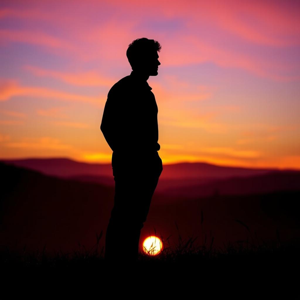 A horizontal silhouette of a person standing in a serene landscape, with a detailed shadow cast by the figure