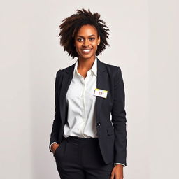 A young woman with curly hair, wearing a stylish formal outfit complete with a fitted blazer and tailored trousers