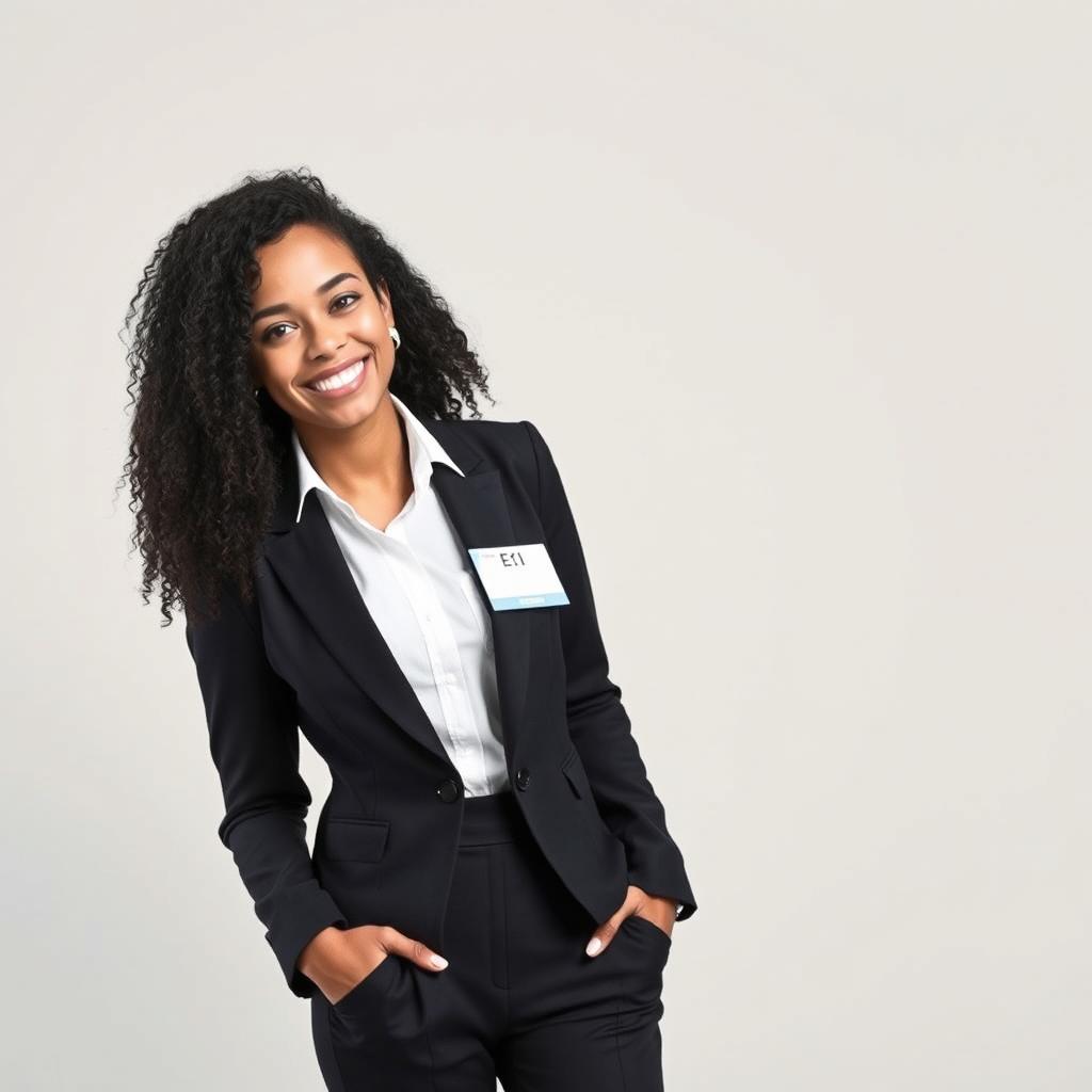 A young woman with curly hair, wearing a stylish formal outfit complete with a fitted blazer and tailored trousers