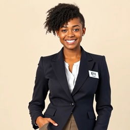 A young woman with curly hair, wearing a stylish formal outfit complete with a fitted blazer and tailored trousers