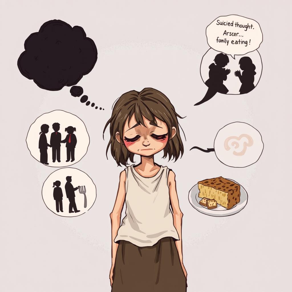 Illustration of a thin, sad girl at the center, portrayed as a homeless beggar with unkempt hair and tattered clothes