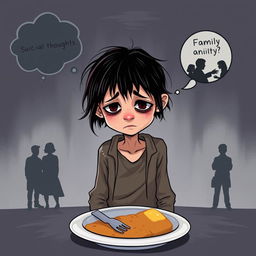 Illustration of a thin, sad girl at the center, portrayed as a homeless beggar with unkempt hair and tattered clothes