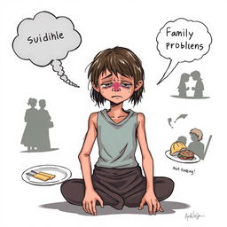Illustration of a thin, sad girl at the center, portrayed as a homeless beggar with unkempt hair and tattered clothes