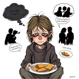 Illustration of a thin, sad girl at the center, portrayed as a homeless beggar with unkempt hair and tattered clothes