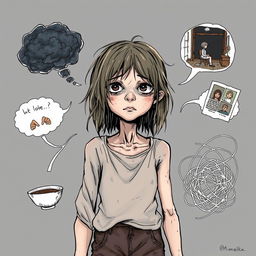 An illustration featuring a thin and sad girl at the center, depicting her as a homeless person with tattered clothing and disheveled hair