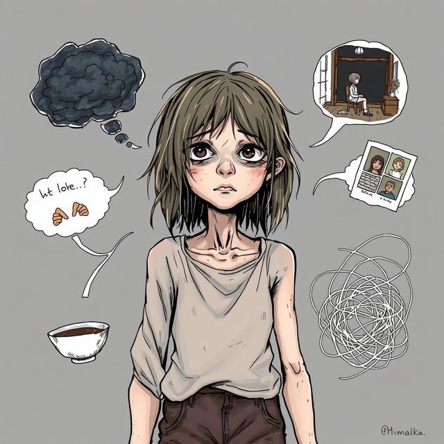 An illustration featuring a thin and sad girl at the center, depicting her as a homeless person with tattered clothing and disheveled hair