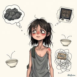 An illustration featuring a thin and sad girl at the center, depicting her as a homeless person with tattered clothing and disheveled hair