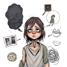 An illustration featuring a thin and sad girl at the center, depicting her as a homeless person with tattered clothing and disheveled hair