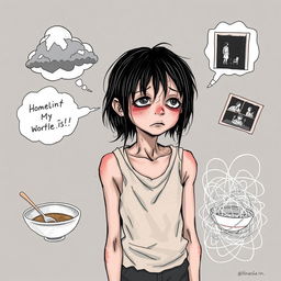 An illustration featuring a thin and sad girl at the center, depicting her as a homeless person with tattered clothing and disheveled hair