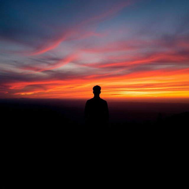 A dramatic silhouette scene featuring a breathtaking horizon at sunset with vivid colors of orange, pink, and purple in the sky