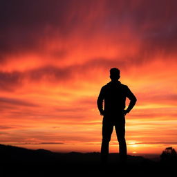 A dramatic silhouette scene featuring a breathtaking horizon at sunset with vivid colors of orange, pink, and purple in the sky