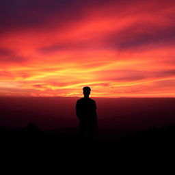 A dramatic silhouette scene featuring a breathtaking horizon at sunset with vivid colors of orange, pink, and purple in the sky