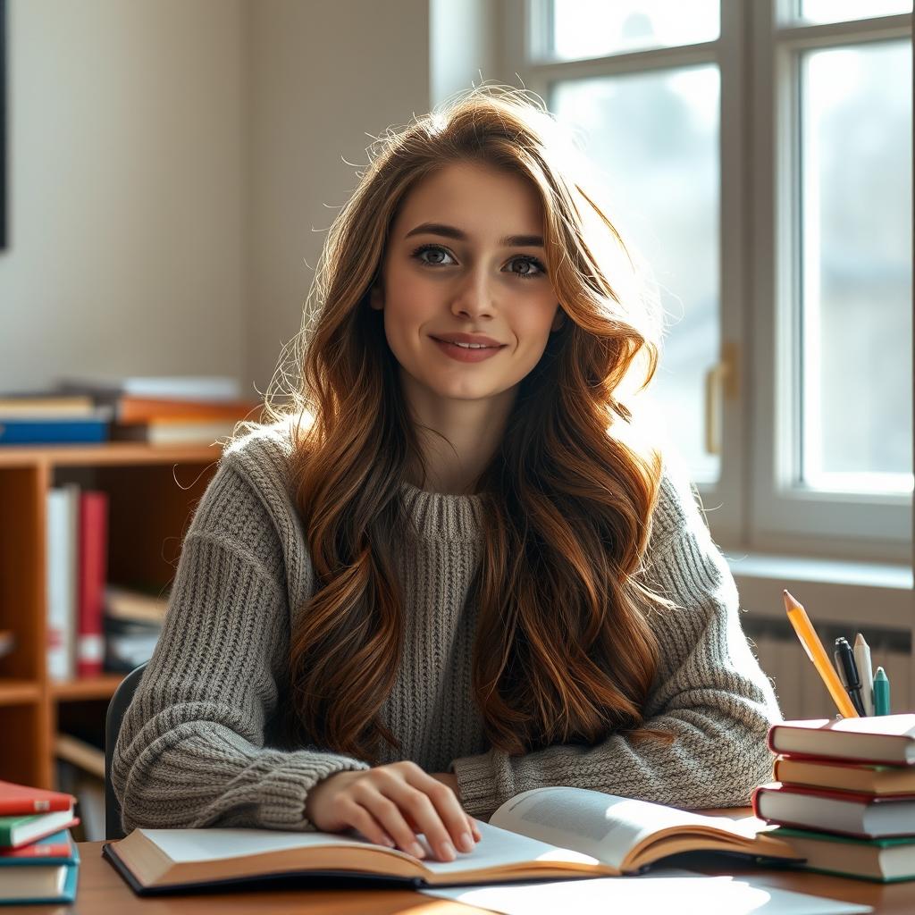 A portrait of a female student sitting at a desk, surrounded by books and stationery