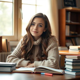 A portrait of a female student sitting at a desk, surrounded by books and stationery