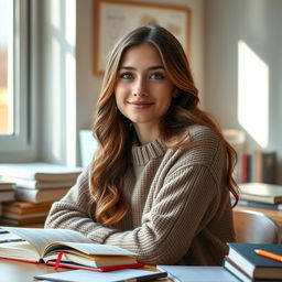 A portrait of a female student sitting at a desk, surrounded by books and stationery