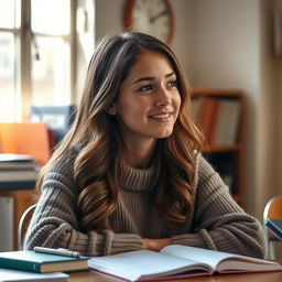 A portrait of a female student sitting at a desk, surrounded by books and stationery