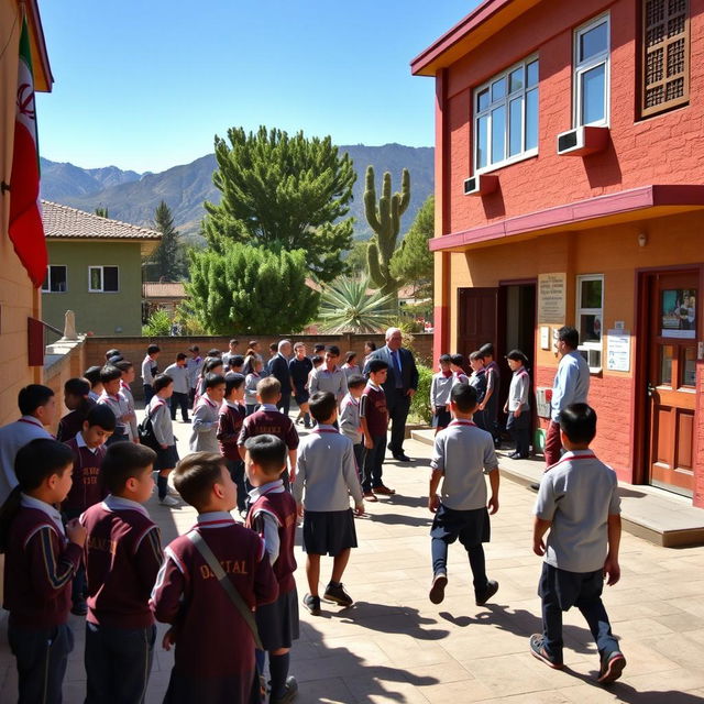 A bustling scene of a boys' middle school in Iran, showcasing students wearing traditional school uniforms, engaged in various activities