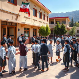 A bustling scene of a boys' middle school in Iran, showcasing students wearing traditional school uniforms, engaged in various activities