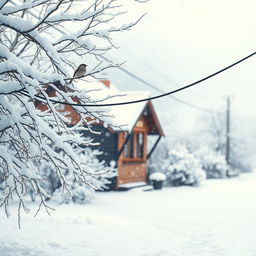 A serene winter scene depicting a quaint building surrounded by snow-covered branches, electric cables draped in fluffy white snow, and a gentle snowfall creating a magical atmosphere