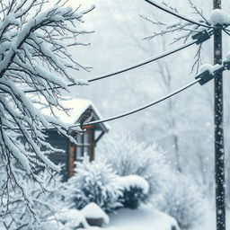 A serene winter scene depicting a quaint building surrounded by snow-covered branches, electric cables draped in fluffy white snow, and a gentle snowfall creating a magical atmosphere