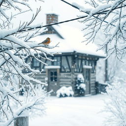 A serene winter scene depicting a quaint building surrounded by snow-covered branches, electric cables draped in fluffy white snow, and a gentle snowfall creating a magical atmosphere