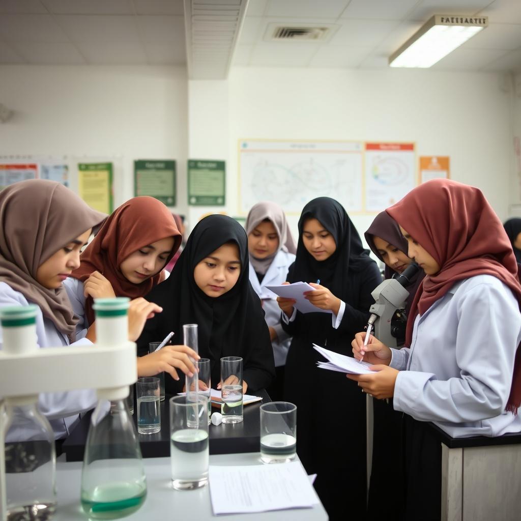A group of schoolgirls in an Iranian girls' school laboratory, wearing hijabs, engaged in a practical science project