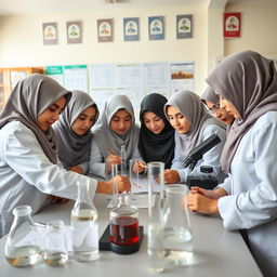 A group of schoolgirls in an Iranian girls' school laboratory, wearing hijabs, engaged in a practical science project