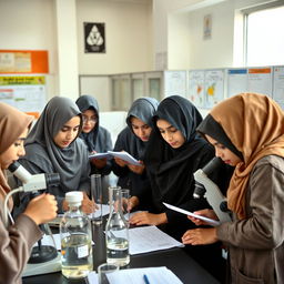 A group of schoolgirls in an Iranian girls' school laboratory, wearing hijabs, engaged in a practical science project