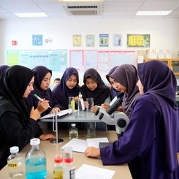 A group of schoolgirls in an Iranian girls' school laboratory, wearing hijabs, engaged in a practical science project